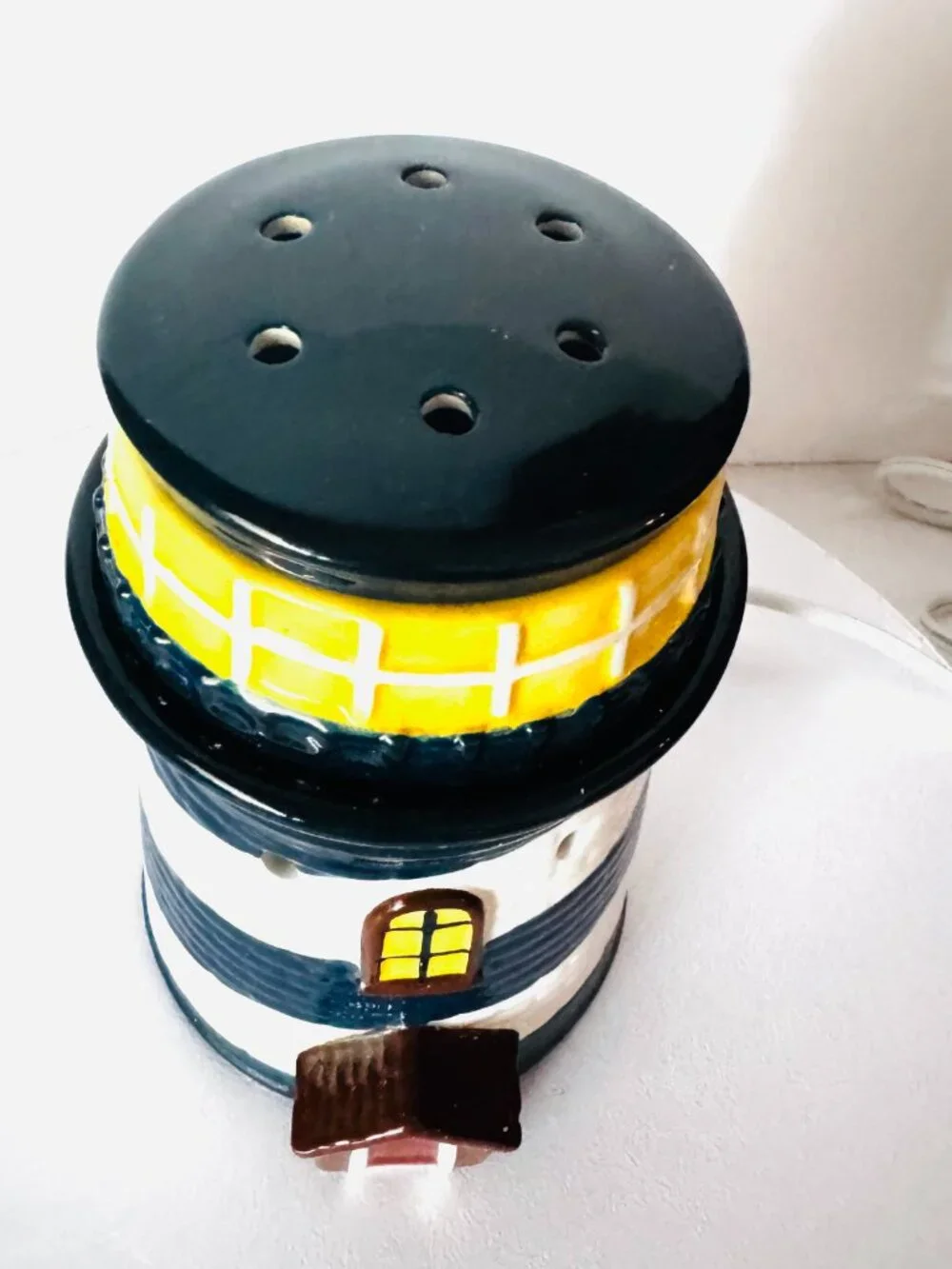 Retired Scentsy Nautical Lighthouse Blue White Ceramic Wax Warmer  TESTED